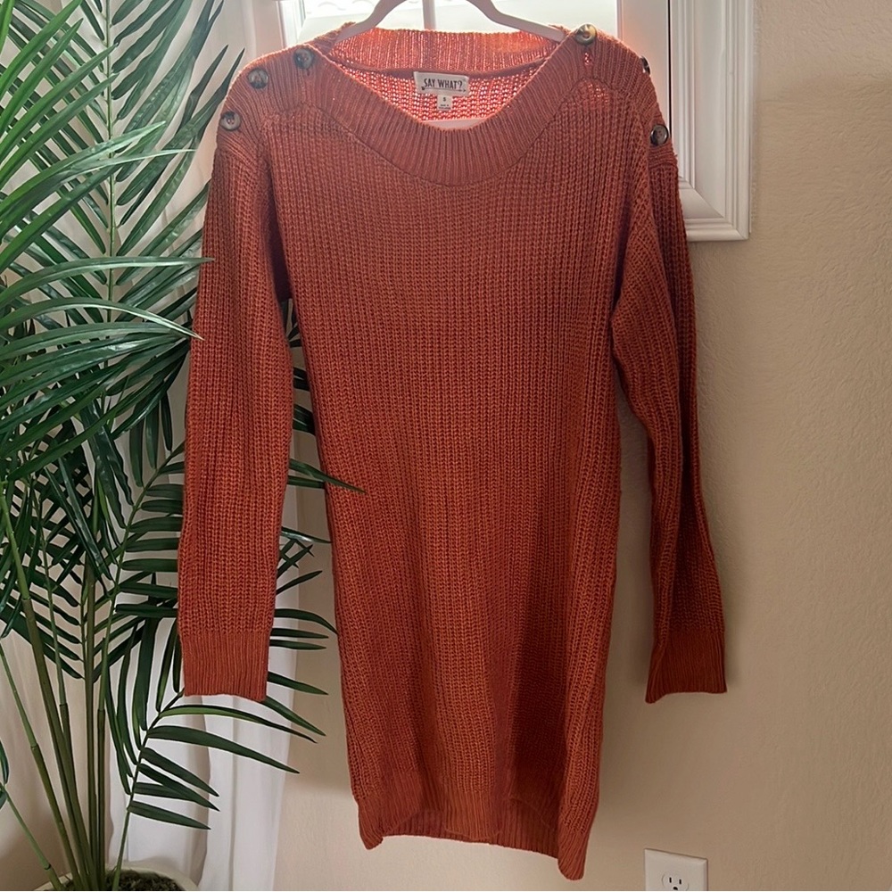 Button shoulder sweater dress.